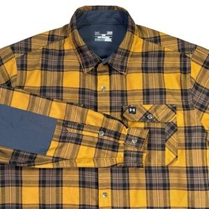 Under Armour Shirt Mens Large Cold Gear Flannel Yellow Button Down Elbow Patches